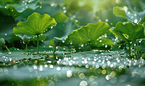 雨季荷叶上午荷叶湖水雨季摄影图