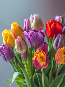 蓝色花束摄影照片_花束五颜六色的郁金香/春天的花，明亮美丽的花，春天的礼物概念