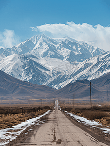 交通马路摄影照片_新疆喀什帕米尔高原的公路和雪山摄影图