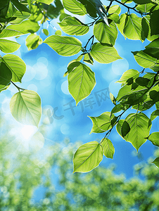春天桌面背景摄影照片_蓝天树叶叶子夏季清新摄影图