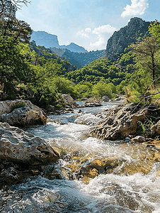 河流摄影照片_实拍夏日夏季夏天山间水流溪流自然风景