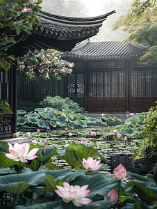 中国风荷花荷叶摄影照片_荷花古雅小院摄影图