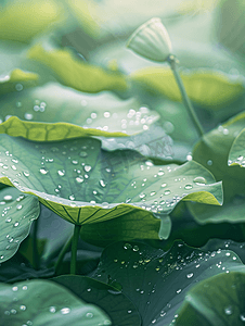 风景摄影照片_夏天荷塘荷叶绿色露水水滴摄影图
