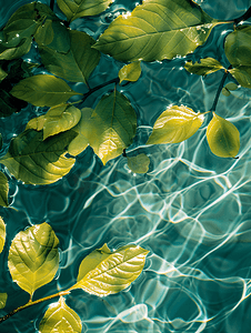 夏季清凉摄影照片_夏日树叶水纹摄影图