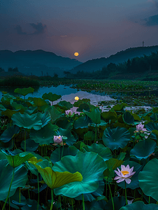 湖南长沙夜晚荷塘月色日落荷花摄影图