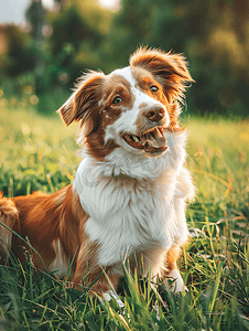 狗爪子摄影照片_狗在自然界中的肖像。红白相间的威尔士刺绣在草地上。流行品种。在公园里的宠物