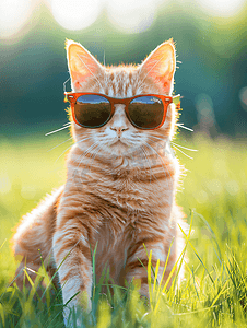 动物桌面猫摄影照片_宠物猫白天带墨镜的猫草地上帅气的看前方摄影图