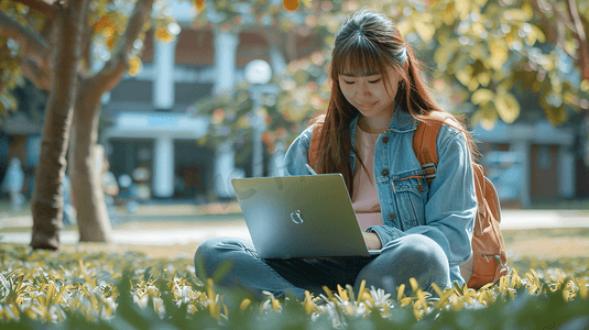 草地上使用电脑的大学生3