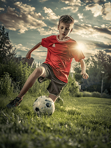 男孩踢足球足球球。青少年足球足球运动员