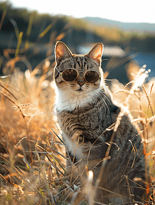 猫草摄影照片_宠物猫白天带墨镜的猫草地上帅气的看前方摄影图