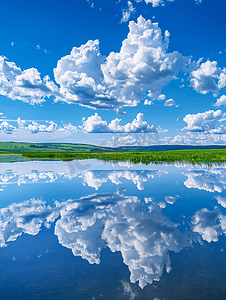 太湖西山岛摄影照片_美丽的风景，与蔚蓝的天空和洁白的云朵反映在