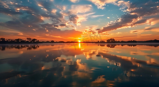 黄昏风景摄影照片_日出日落黄昏夕阳湖面天空美景AI