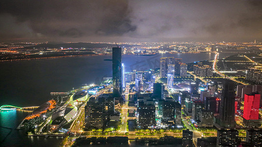 太湖夜景摄影照片_航拍苏州湾夜景太湖新城绿地中心实拍