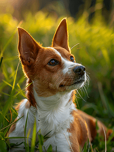 唐朝刺绣摄影照片_狗在自然界中的肖像。红白相间的威尔士刺绣在草地上。流行品种。在公园里的宠物