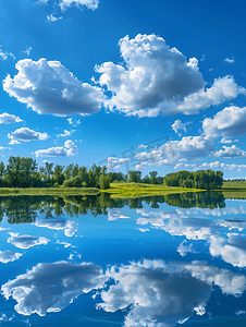 天空摄影照片_美丽的风景，与蔚蓝的天空和洁白的云朵反映在