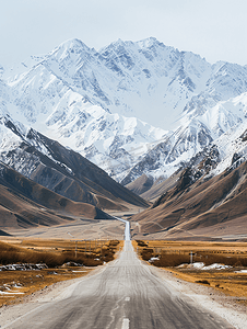 风景马路摄影照片_新疆喀什帕米尔高原的公路和雪山摄影图