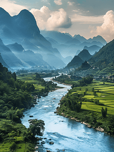 绿意摄影照片_群山河流夏天高山流水山村自然景观摄影图