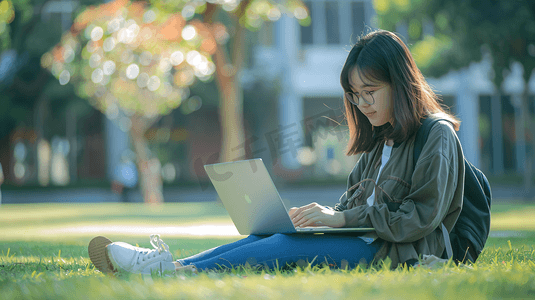 草地上使用电脑的大学生1