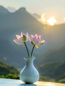 荷花插花花艺青山蓝天高清图片