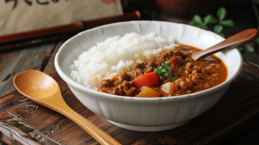 做饭食材摄影照片_咖喱饭食物立体描绘摄影照片