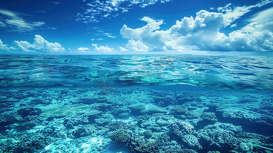 水天一色摄影照片_蓝天白云下的海水清澈的大海图片