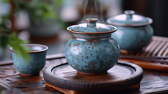 茶壶茶杯立体描绘摄影照片