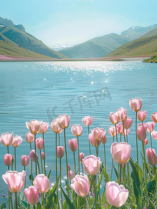 青山环绕的湖泊郁金香花开图片