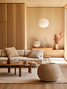 现代客厅原木风格摄影图