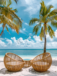 夏天海边度假躺椅摄影图
