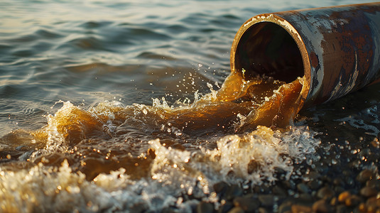 水管三通摄影照片_一根水管把褐色的污水排入大海图片
