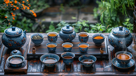 茶壶茶杯立体描绘摄影照片