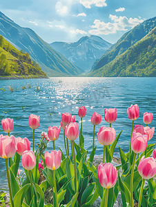 青山环绕的湖泊郁金香花开高清摄影图