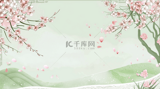 粉色花朵背景图背景图片_清新粉色桃花浅绿色边框背景图