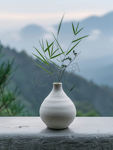 小花瓶摄影照片_白色花瓶小竹叶插花摄影配图