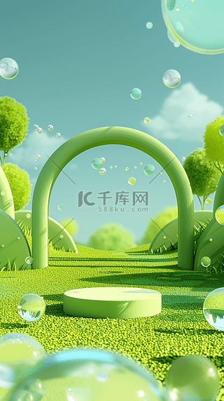 绿色夏天户外可爱卡通3D拱形展台设计图