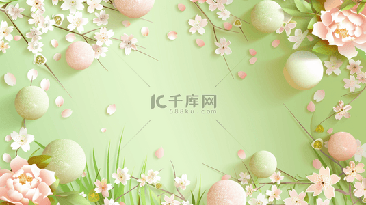 清新北京背景图片_剪纸花朵清新暖春绿色边框背景图