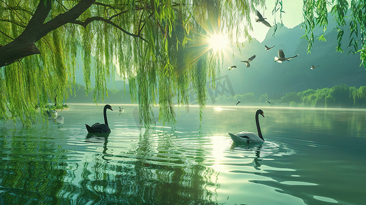 羽毛png透贴摄影照片_翠柳下的湖泊里的天鹅图片