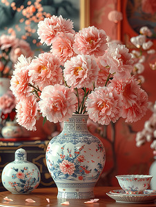 青花瓷花瓶粉红色牡丹摄影配图