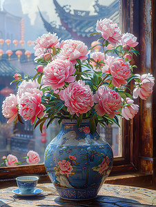 青花瓷花瓶粉红色牡丹照片