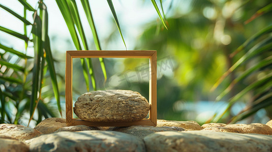 海边石框木框立体描绘摄影照片