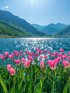 青山环绕的湖泊郁金香花开高清图片