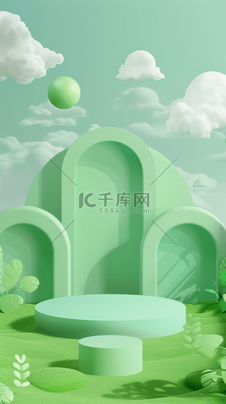 绿色夏天户外可爱卡通3D拱形展台图片