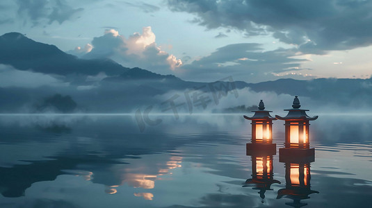 湖中石柱灯立体描绘摄影照片