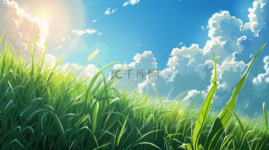 唯美草地背景背景图片_蓝天白云阳光下草地碧绿的背景