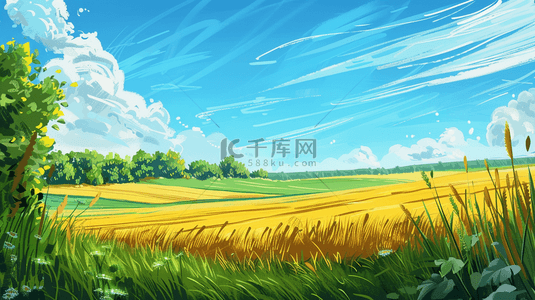 风景稻田背景图片_户外清新蓝天白云稻田的背景
