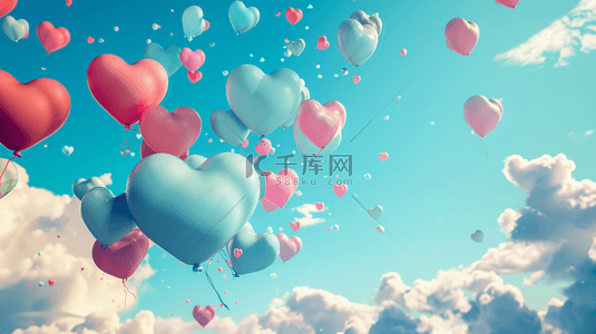 爱心气球气球背景图片_清新唯美蓝天白云爱心气球飞翔的背景