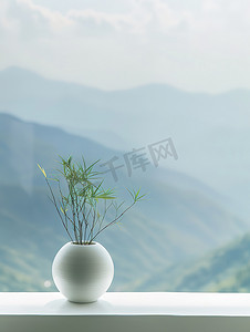 白色花瓶小竹叶插花摄影图