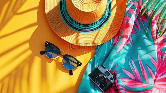 墨镜带星背景图片_色彩丰富的夏季草帽墨镜相机素材