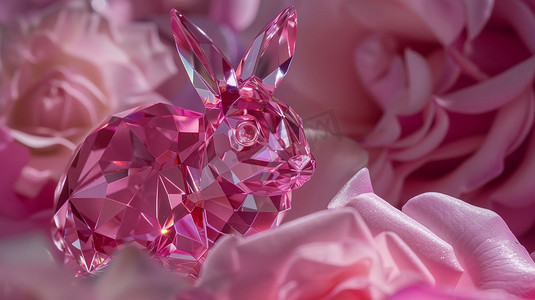 粉色花底纹素材摄影照片_粉色水晶兔子立体描绘摄影照片