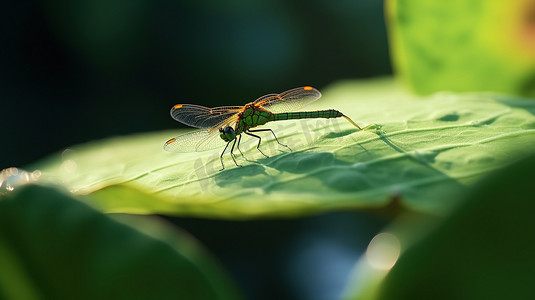 夏天昆虫摄影照片_荷叶上有一只蜻蜓图片
